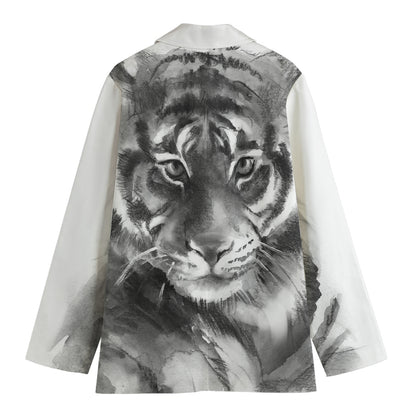 Monochrome Watercolor White Tiger Print Women's Cotton Blazer