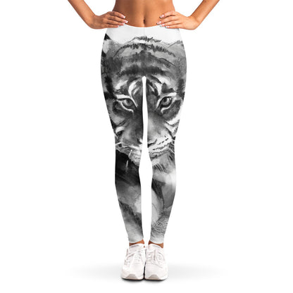 Monochrome Watercolor White Tiger Print Women's Leggings