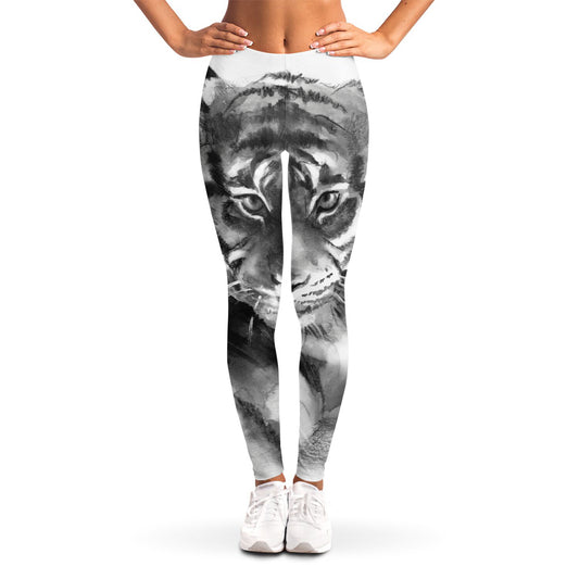 Monochrome Watercolor White Tiger Print Women's Leggings