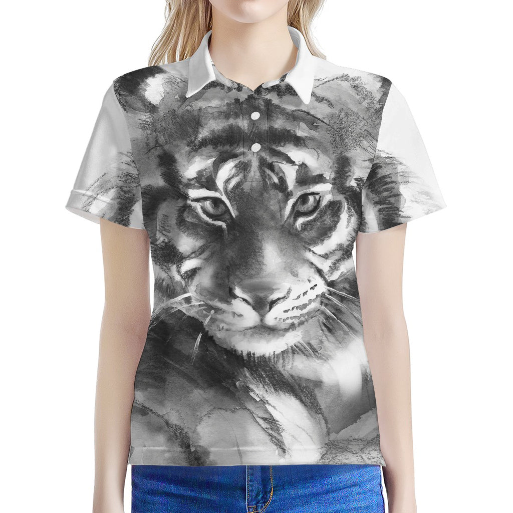 Monochrome Watercolor White Tiger Print Women's Polo Shirt