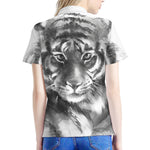 Monochrome Watercolor White Tiger Print Women's Polo Shirt