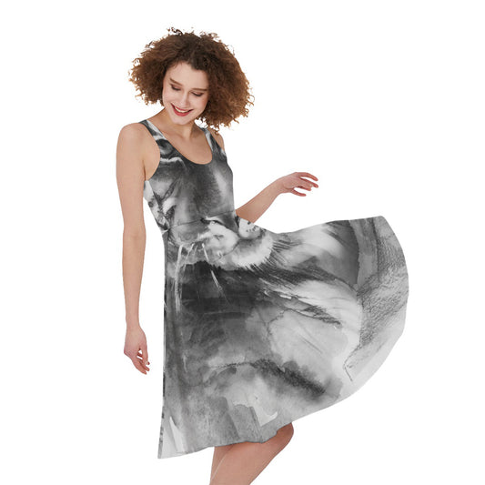 Monochrome Watercolor White Tiger Print Women's Sleeveless Dress