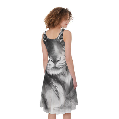 Monochrome Watercolor White Tiger Print Women's Sleeveless Dress