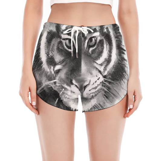 Monochrome Watercolor White Tiger Print Women's Split Running Shorts