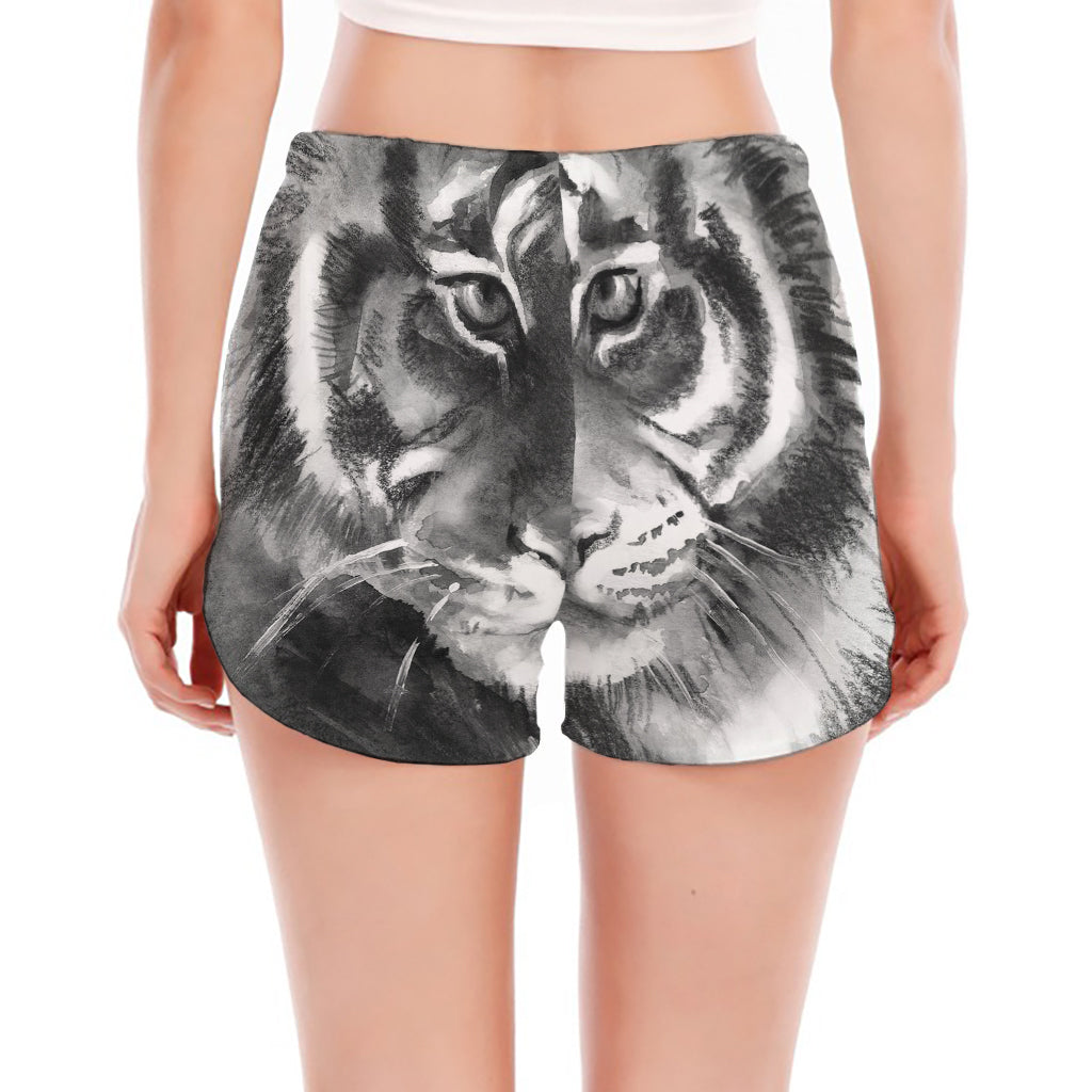 Monochrome Watercolor White Tiger Print Women's Split Running Shorts