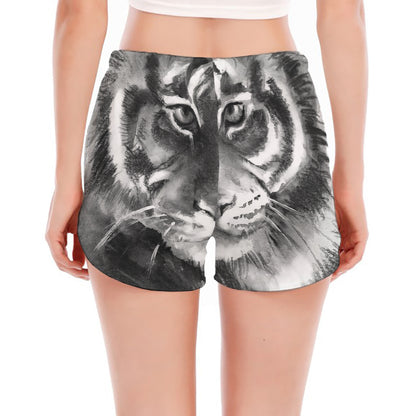 Monochrome Watercolor White Tiger Print Women's Split Running Shorts