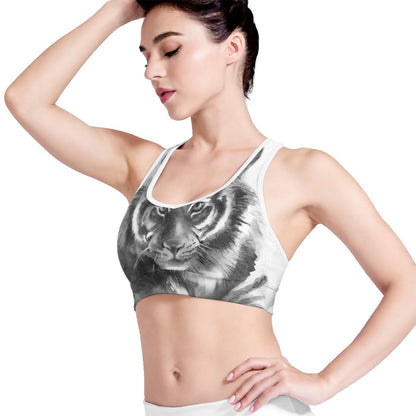 Monochrome Watercolor White Tiger Print Women's Sports Bra
