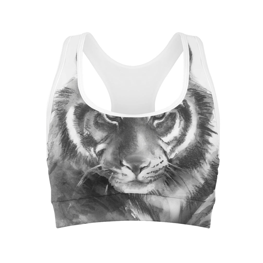 Monochrome Watercolor White Tiger Print Women's Sports Bra