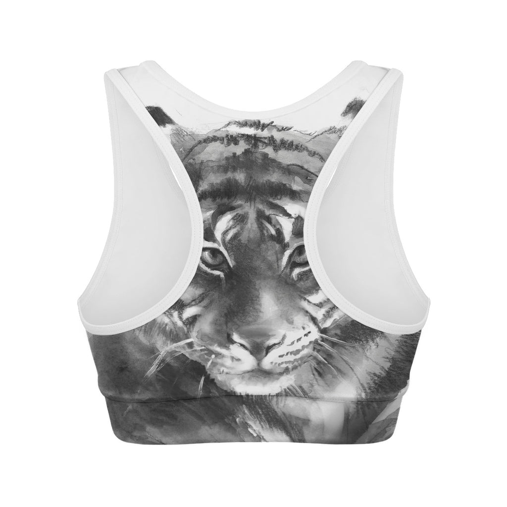 Monochrome Watercolor White Tiger Print Women's Sports Bra