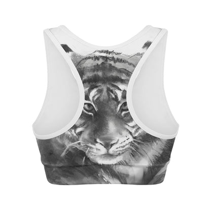 Monochrome Watercolor White Tiger Print Women's Sports Bra