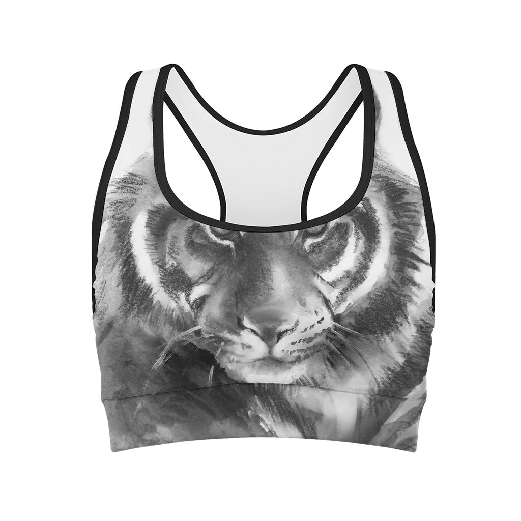 Monochrome Watercolor White Tiger Print Women's Sports Bra
