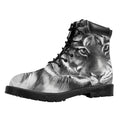 Monochrome Watercolor White Tiger Print Padded Collar Lace Up Boots