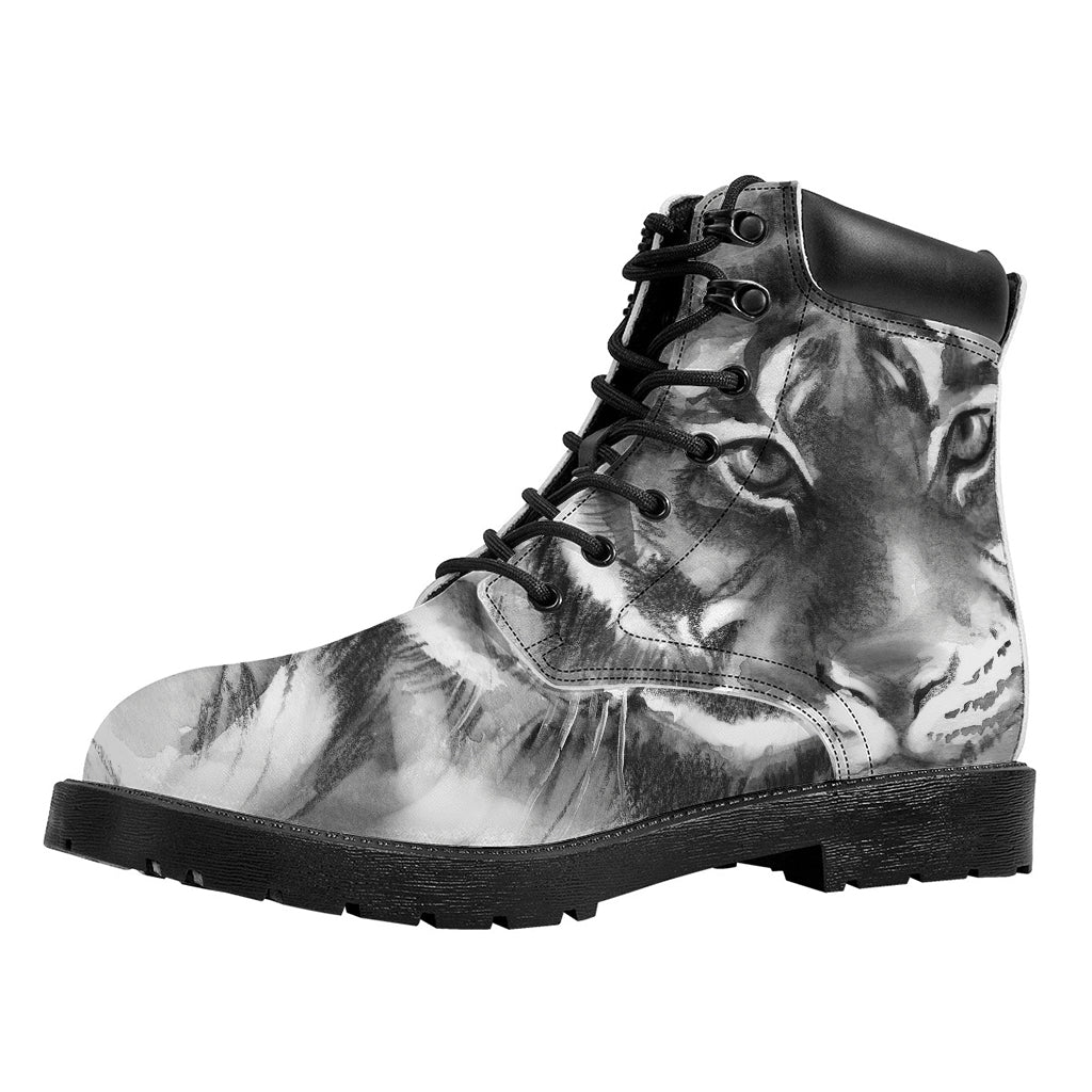 Monochrome Watercolor White Tiger Print Work Boots