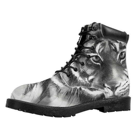 Monochrome Watercolor White Tiger Print Work Boots