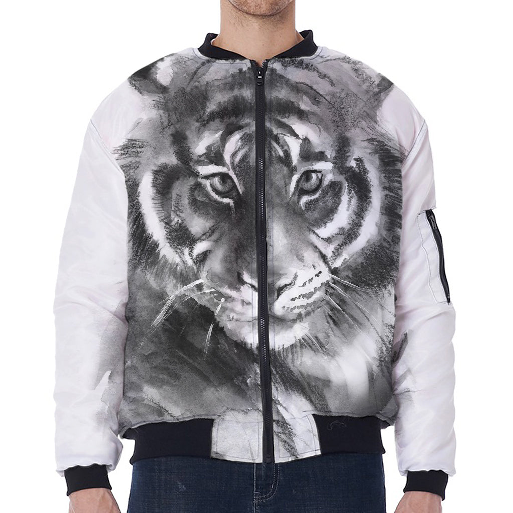 Monochrome Watercolor White Tiger Print Zip Sleeve Bomber Jacket