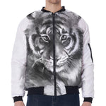 Monochrome Watercolor White Tiger Print Zip Sleeve Bomber Jacket