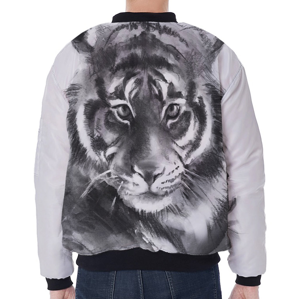 Monochrome Watercolor White Tiger Print Zip Sleeve Bomber Jacket