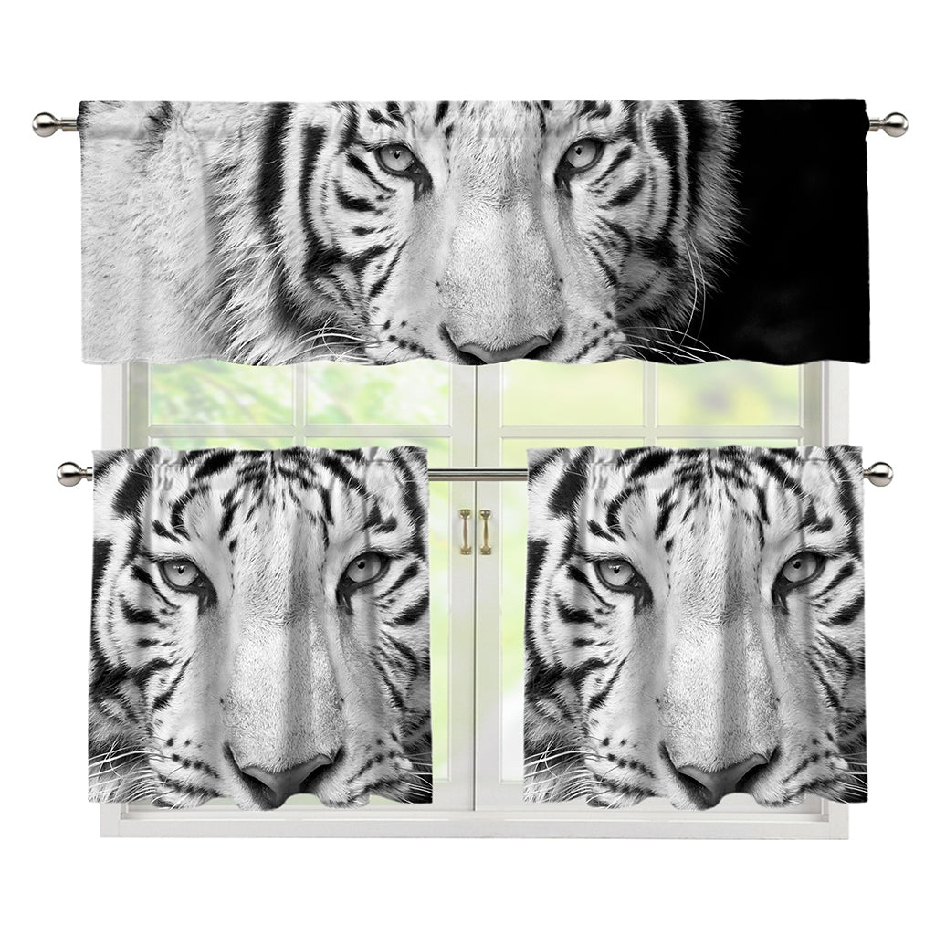 Monochrome White Bengal Tiger Print 3 Piece Kitchen Curtains