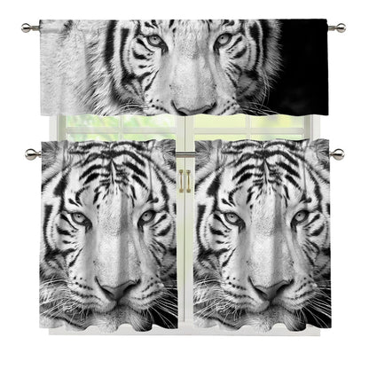 Monochrome White Bengal Tiger Print 3 Piece Kitchen Curtains