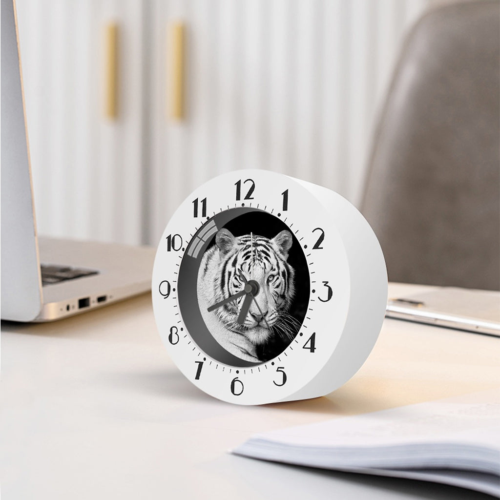 Monochrome White Bengal Tiger Print Alarm Clock
