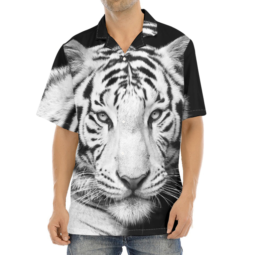 Monochrome White Bengal Tiger Print Aloha Shirt