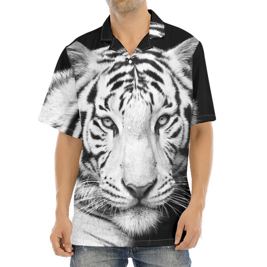 Monochrome White Bengal Tiger Print Aloha Shirt