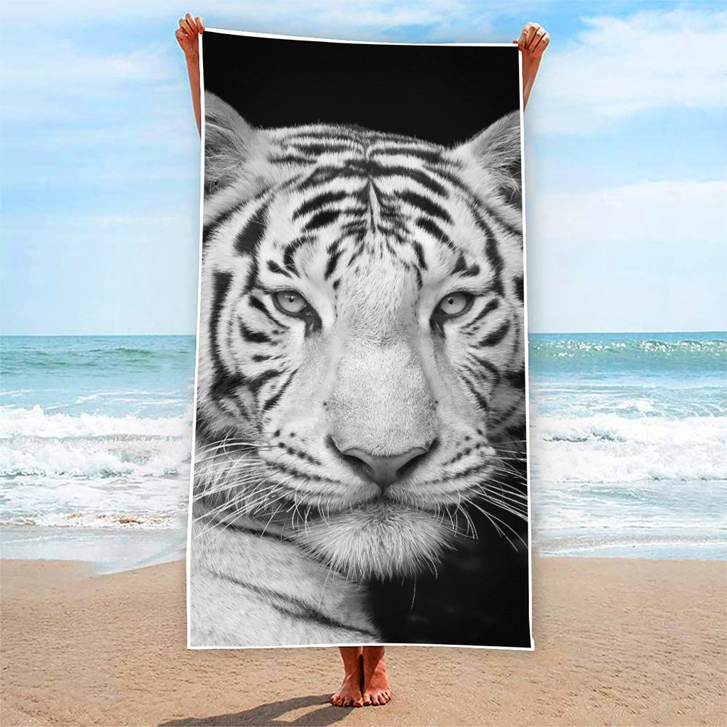 Monochrome White Bengal Tiger Print Beach Towel