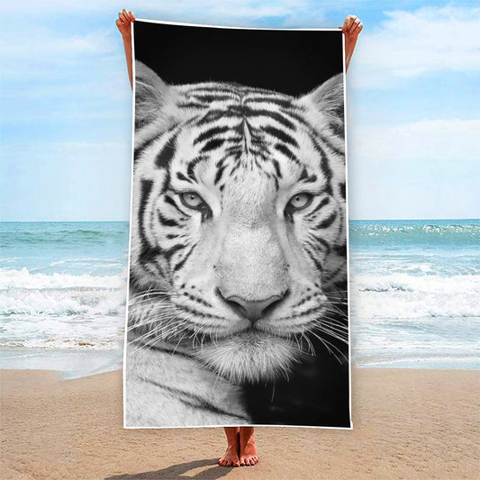 Monochrome White Bengal Tiger Print Beach Towel