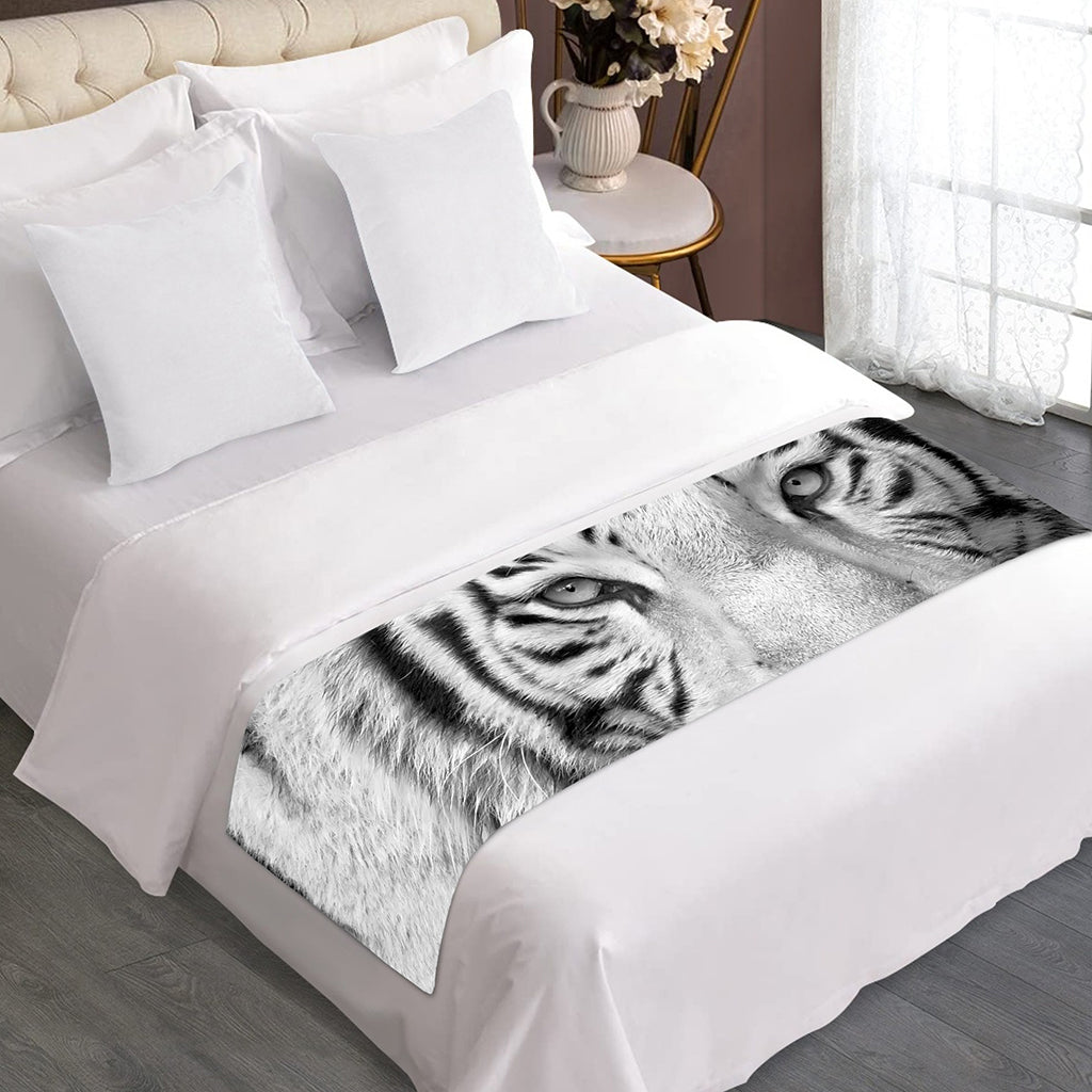 Monochrome White Bengal Tiger Print Bed Runner