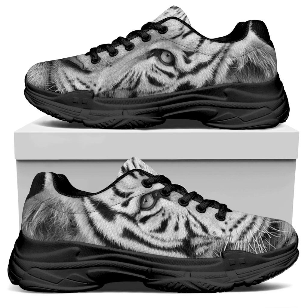 Monochrome White Bengal Tiger Print Black Chunky Shoes