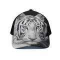 Monochrome White Bengal Tiger Print Black Mesh Trucker Hat