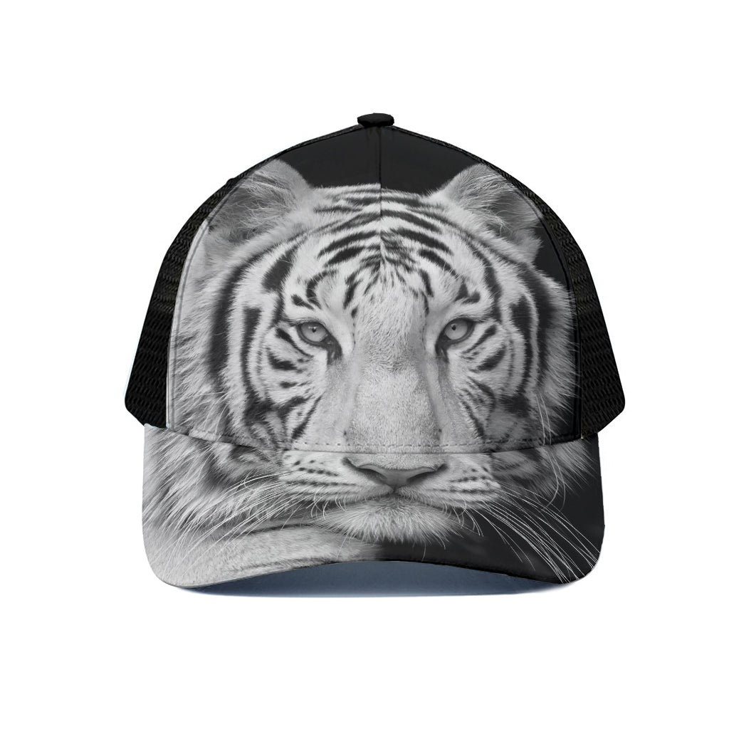 Monochrome White Bengal Tiger Print Black Mesh Trucker Cap