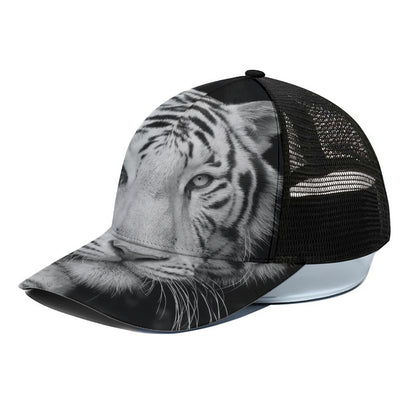Monochrome White Bengal Tiger Print Black Mesh Trucker Cap