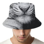Monochrome White Bengal Tiger Print Bucket Hat