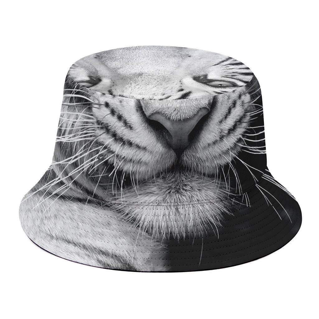 Monochrome White Bengal Tiger Print Bucket Hat