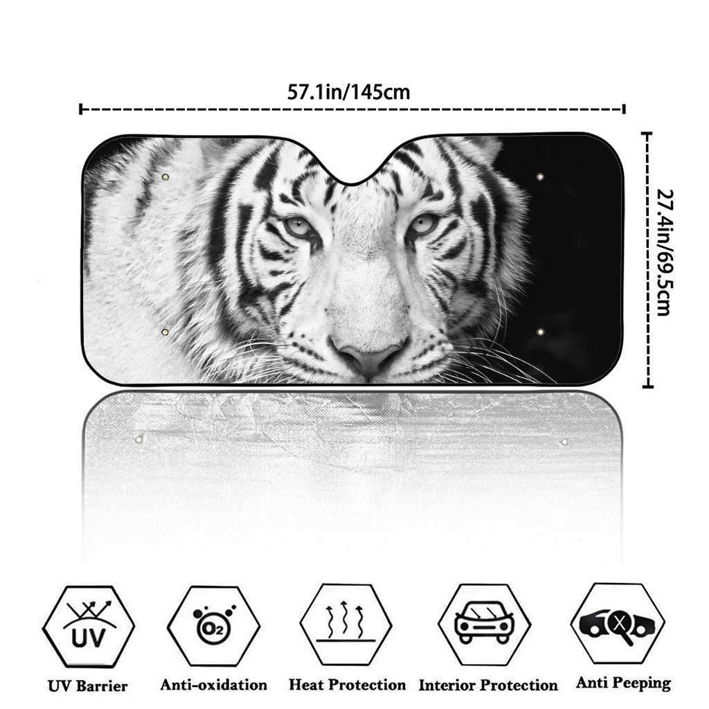 Monochrome White Bengal Tiger Print Car Windshield Sun Shade