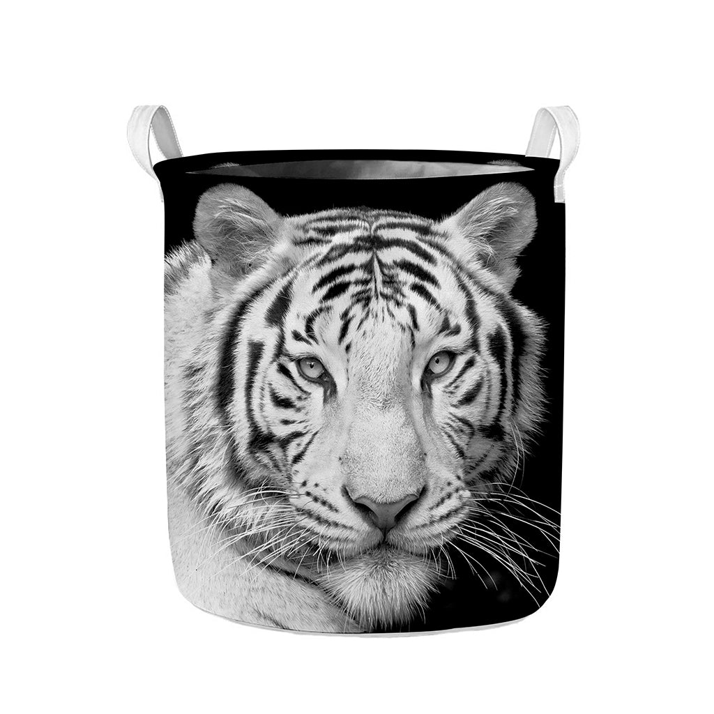 Monochrome White Bengal Tiger Print Collapsible Laundry Basket
