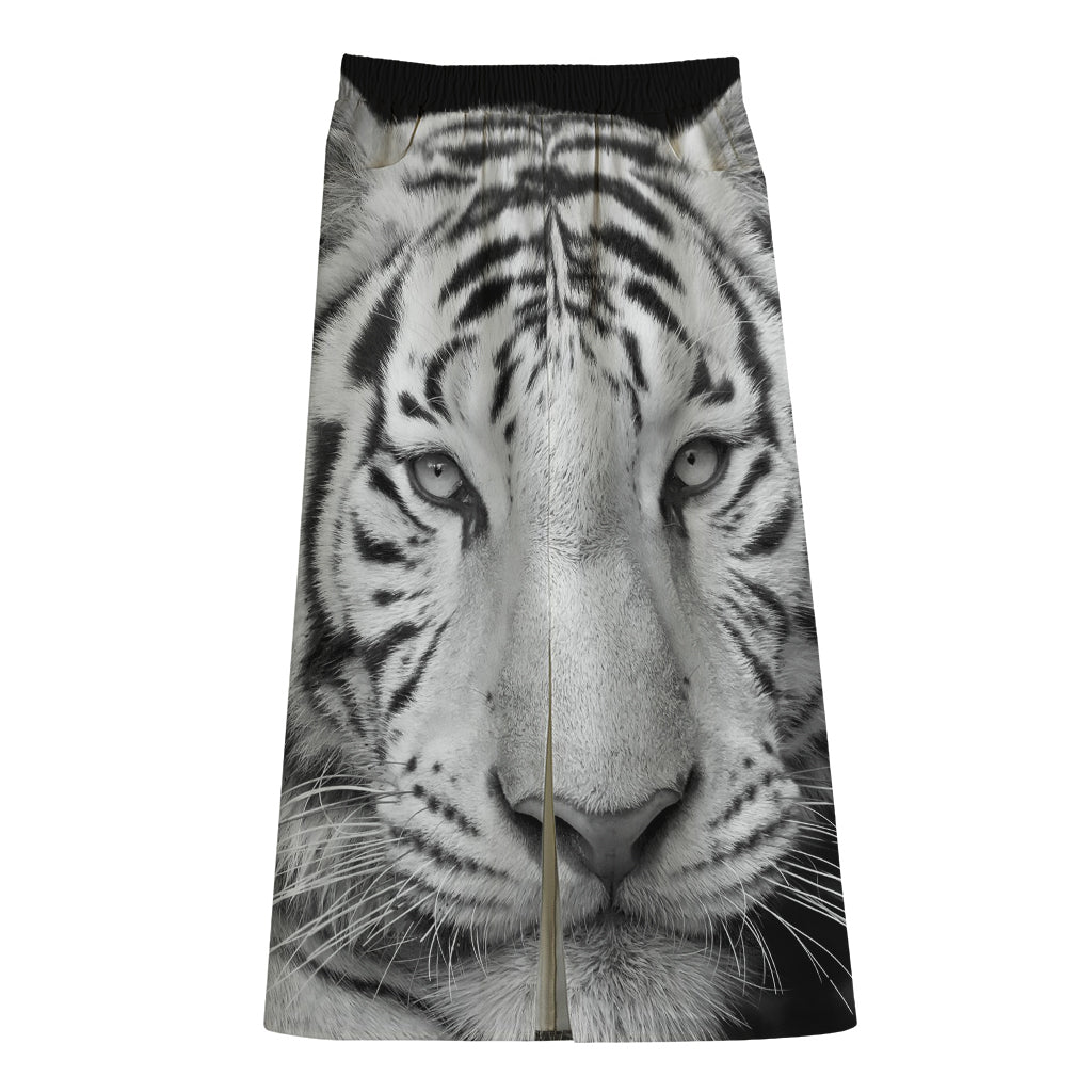 Monochrome White Bengal Tiger Print Cotton Front Slit Maxi Skirt