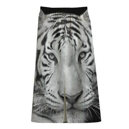 Monochrome White Bengal Tiger Print Cotton Front Slit Maxi Skirt