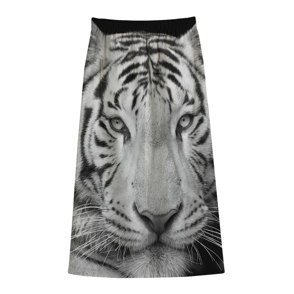 Monochrome White Bengal Tiger Print Cotton Front Slit Maxi Skirt