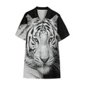 Monochrome White Bengal Tiger Print Cotton Hawaiian Shirt