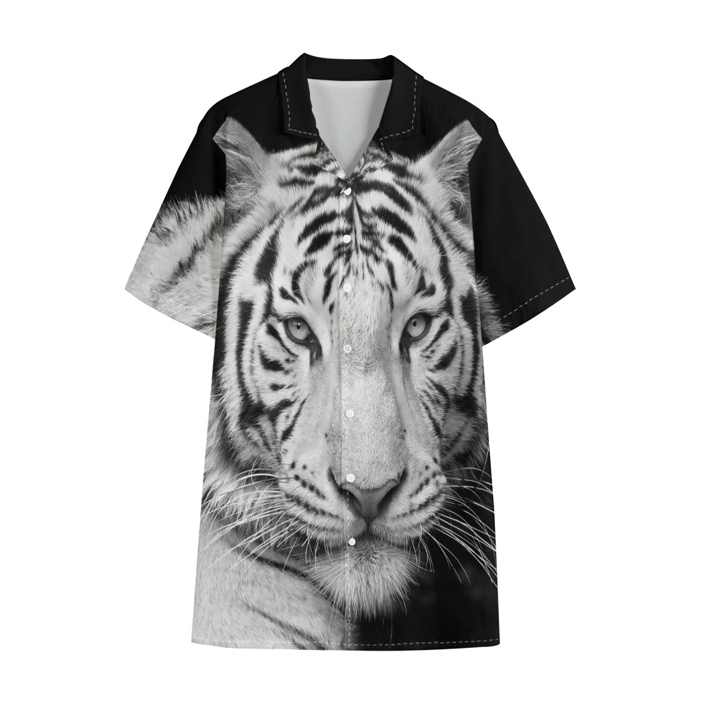 Monochrome White Bengal Tiger Print Cotton Hawaiian Shirt