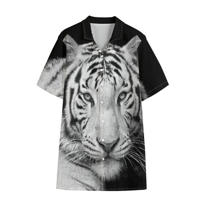 Monochrome White Bengal Tiger Print Cotton Hawaiian Shirt
