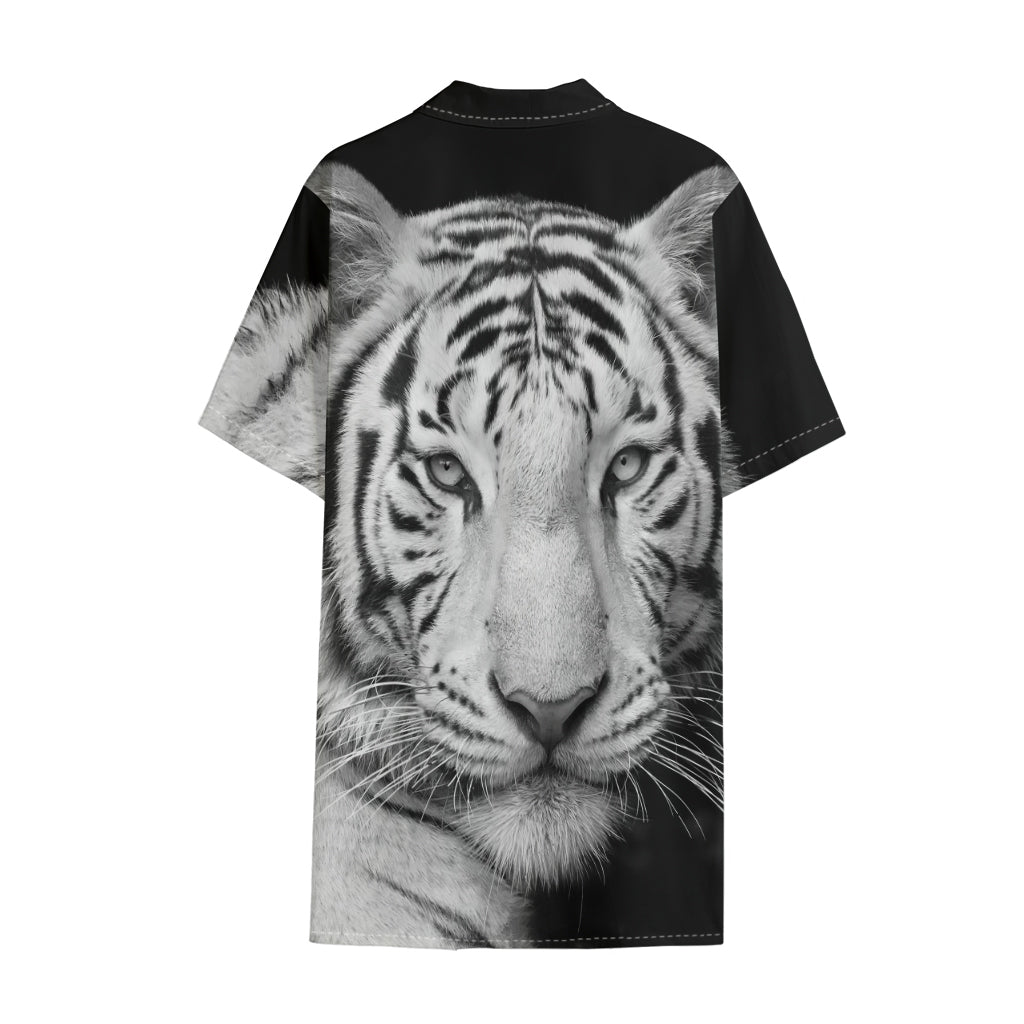 Monochrome White Bengal Tiger Print Cotton Hawaiian Shirt