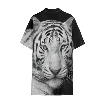 Monochrome White Bengal Tiger Print Cotton Hawaiian Shirt