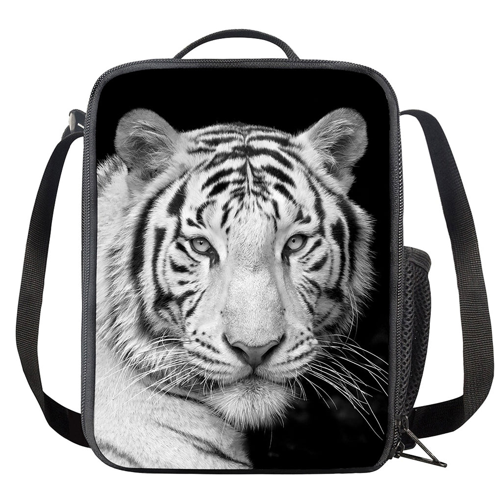 Monochrome White Bengal Tiger Print Crossbody Lunch Bag