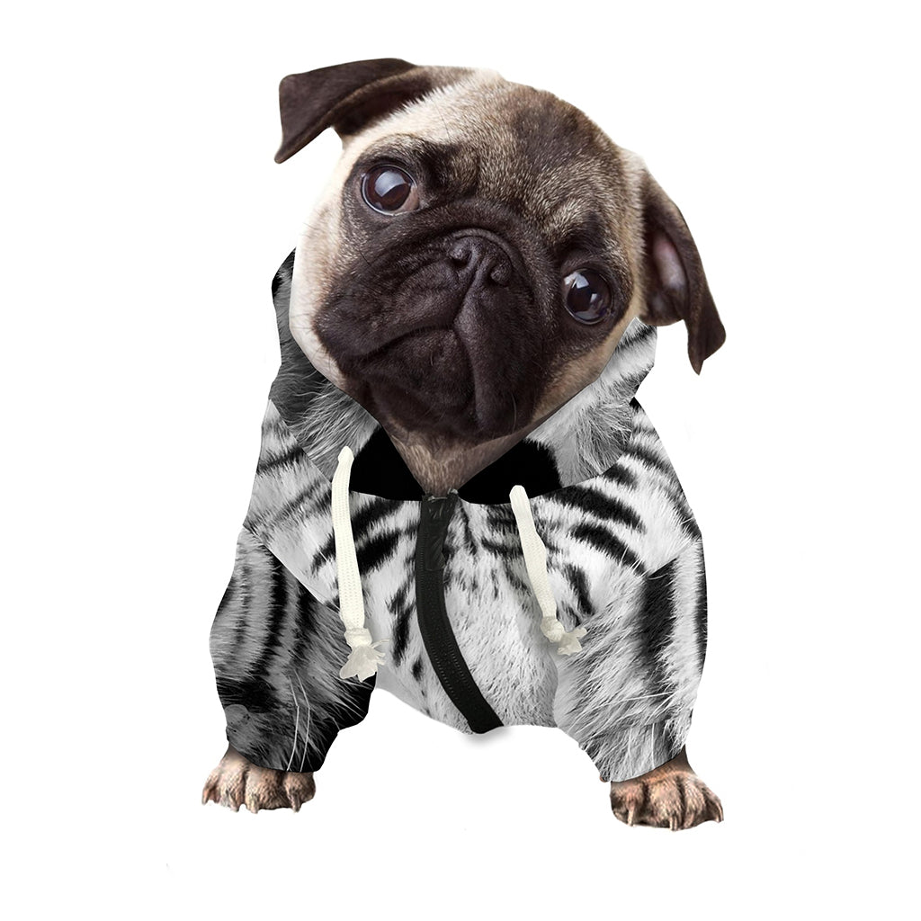 Monochrome White Bengal Tiger Print Dog Zip Up Hoodie