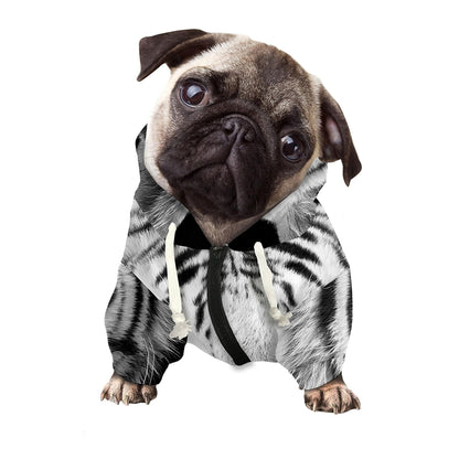 Monochrome White Bengal Tiger Print Dog Zip Up Hoodie