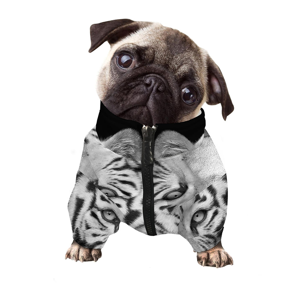 Monochrome White Bengal Tiger Print Dog Zip Up Jacket