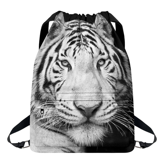 Monochrome White Bengal Tiger Print Drawstring Backpack
